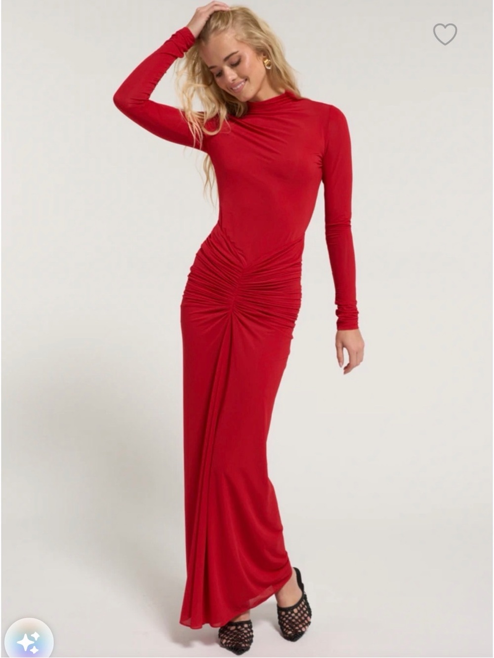 Ronny Kobo Collection Fitted Red Long-Sleeve Ruched Maxi Dress